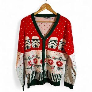 Star Wars Red and White Christmas Winter Holiday Cardigan, Size Medium